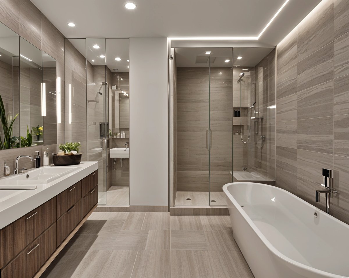 A large white tub in a modern bathroom with a walk-in shower and a potted plant.