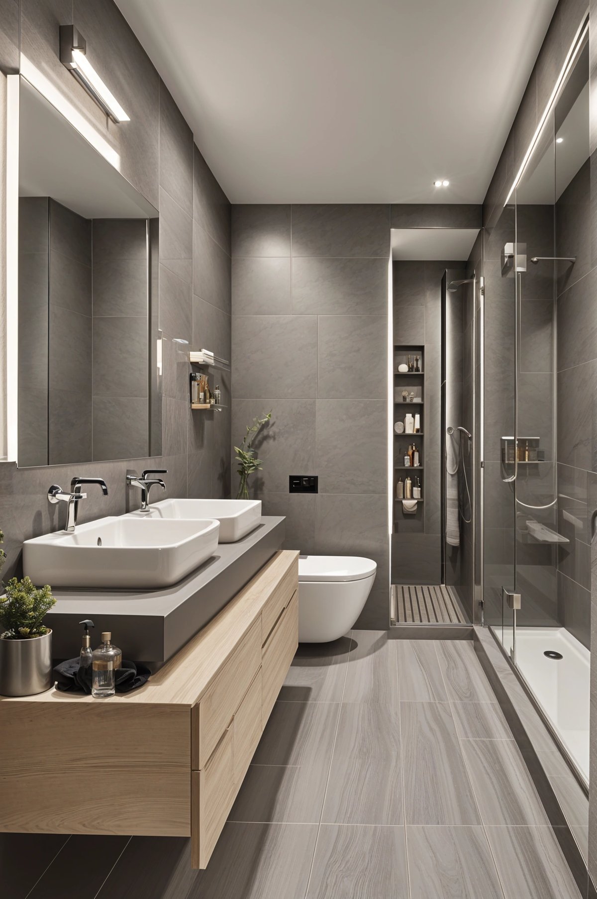 Modern bathroom with gray tile design and large mirror above sink