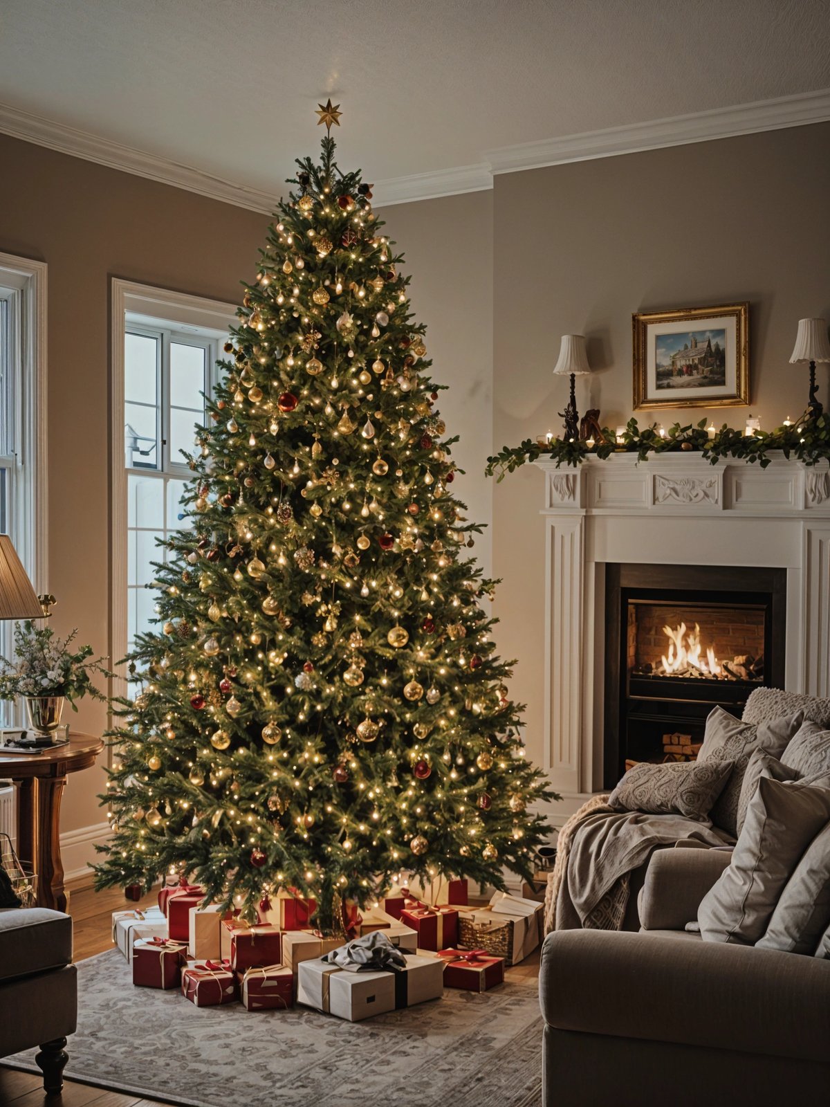 A Christmas tree in a living room, surrounded by presents and a fireplace.