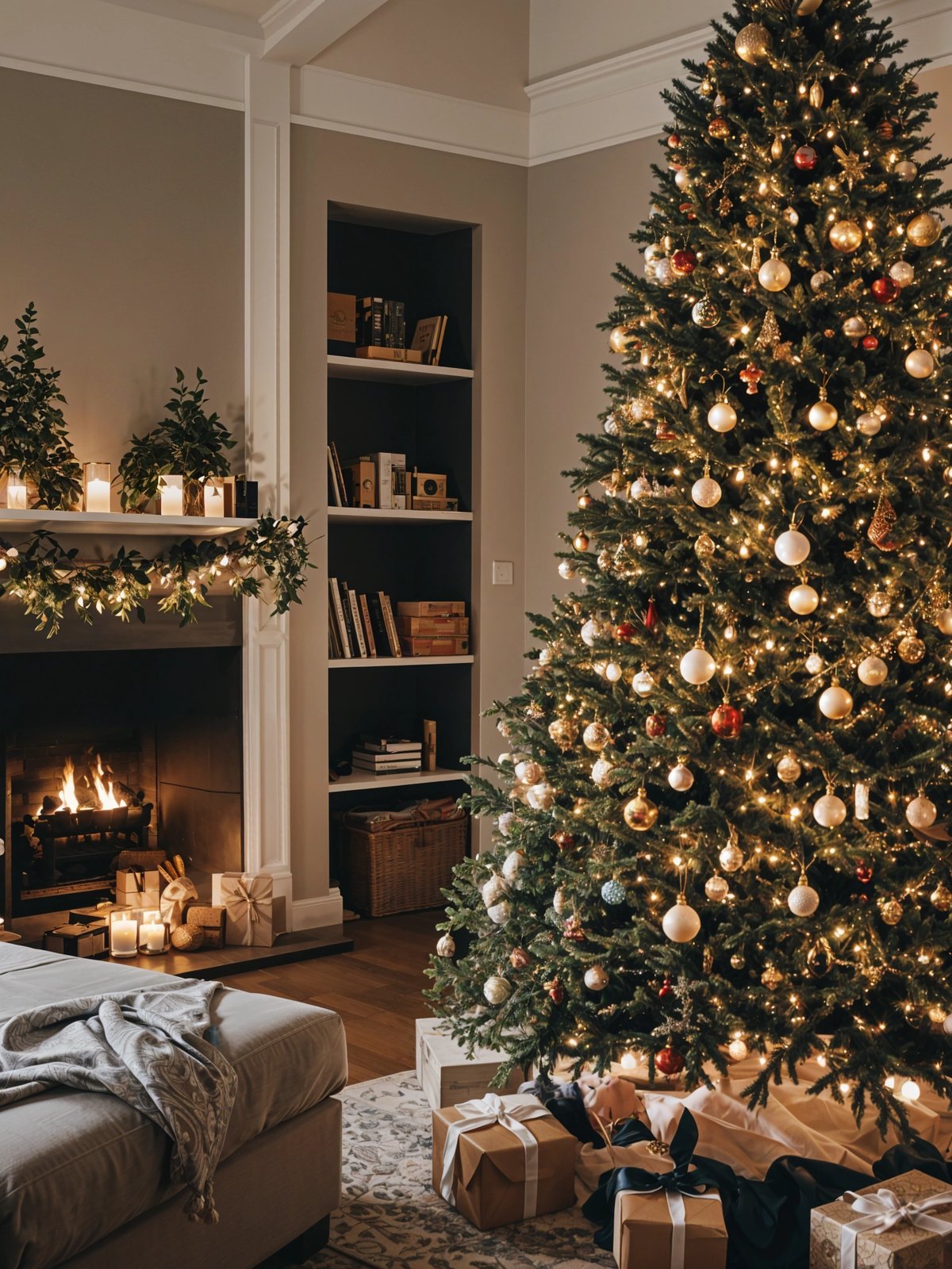 A Christmas tree in a living room with a fireplace and candles.