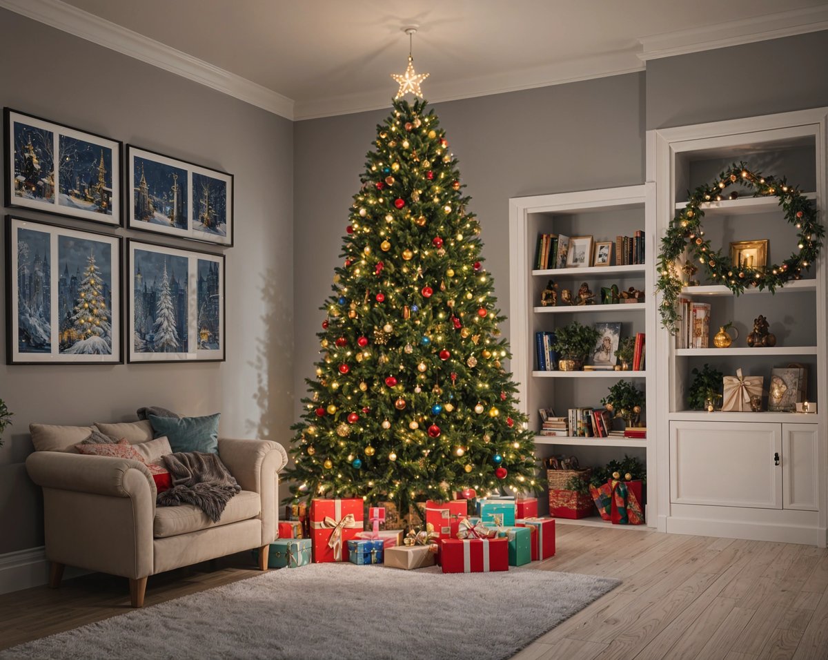 A Christmas tree in a living room with presents underneath. The tree is decorated with ornaments and lights. The room also features a bookcase with books and a couch.