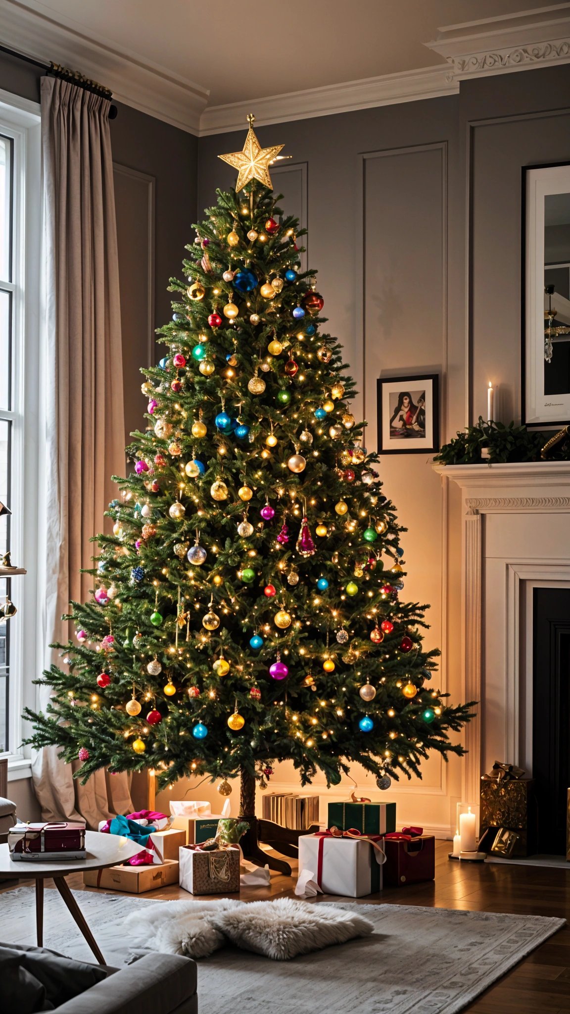 A Christmas tree with colorful ornaments and lights.