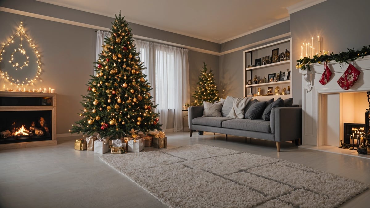 A living room with a Christmas tree and a grey couch. The room is decorated with Christmas decorations and has a cozy atmosphere. The Christmas tree is placed next to the couch and is surrounded by presents, adding to the festive ambiance.
