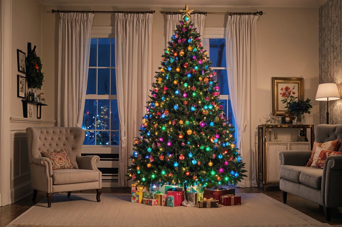 A Christmas tree with colorful lights and ornaments, in front of a window with presents underneath.