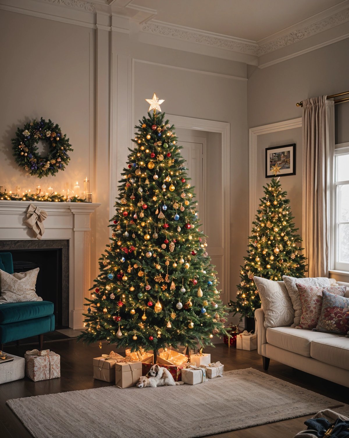 A Christmas tree in a living room with presents underneath and two smaller trees. The room is furnished with a couch and a chair.