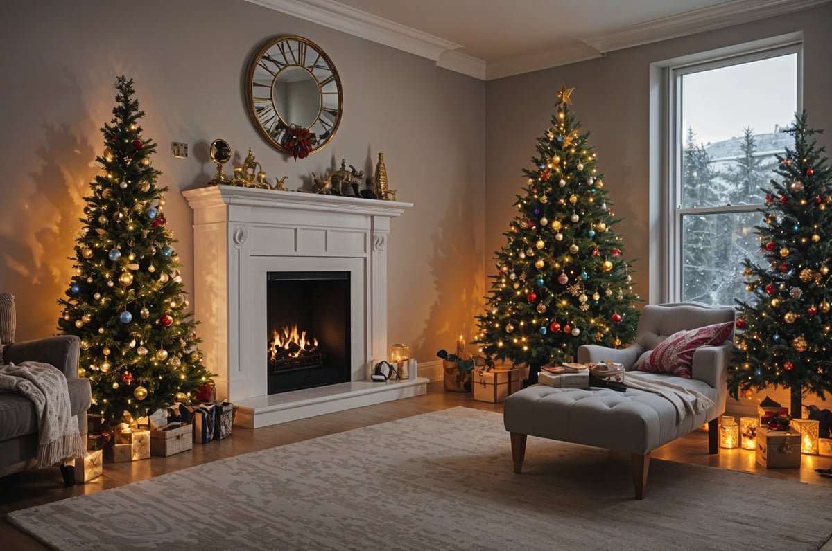 A living room with a fireplace and two Christmas trees. The room is decorated with a couch, chair, and a clock on the wall.