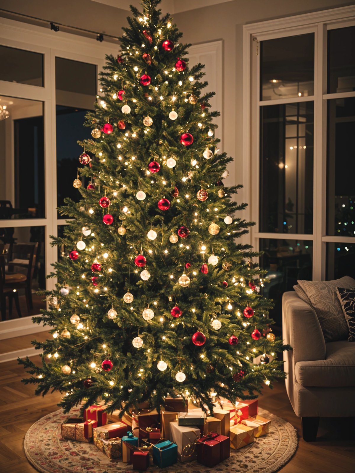 A Christmas tree in a living room with a couch and chairs nearby.