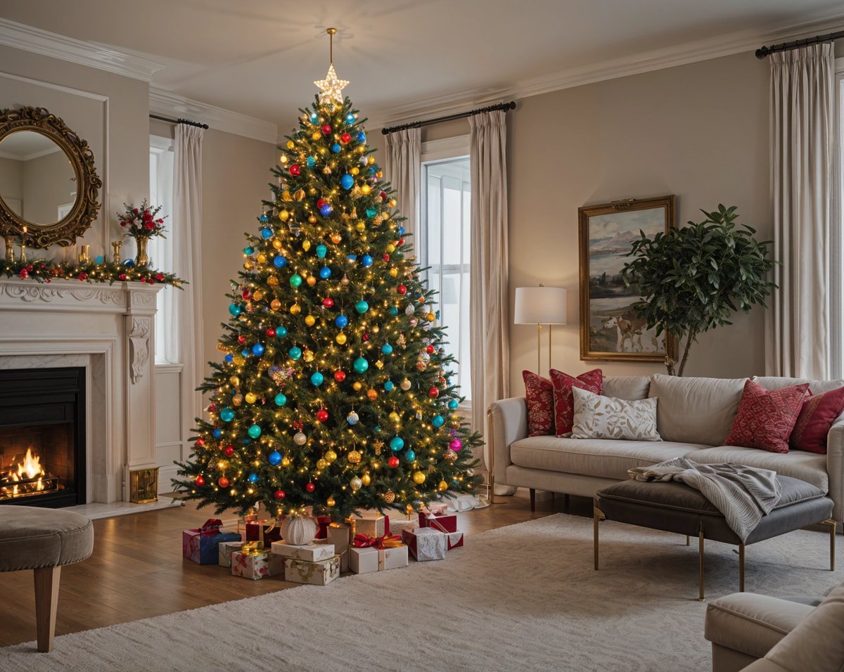 A Christmas tree in a living room with a fireplace and couches. The tree is decorated with ornaments and lights, creating a festive atmosphere.