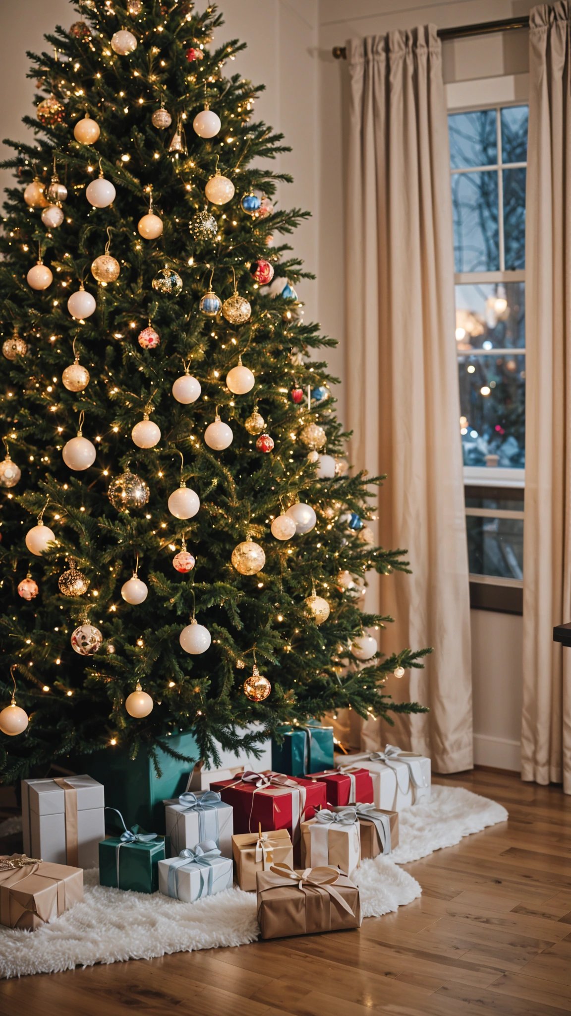 A Christmas tree with ornaments and presents underneath it. The tree is adorned with gold and white balls and is illuminated by lights.