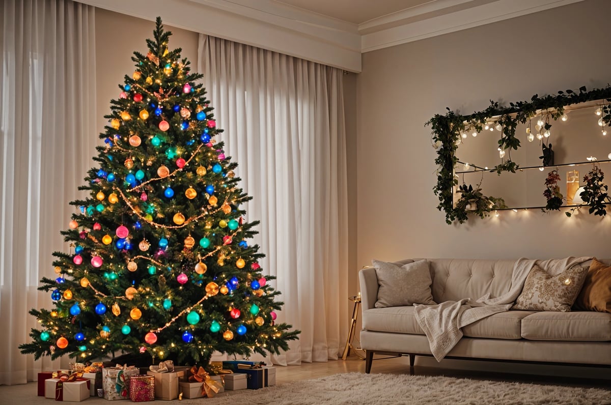 A Christmas tree with colorful lights and ornaments in a living room. The tree is decorated with blue, yellow, pink, and orange lights and is placed in front of a couch. The room also features a mirror on the wall.