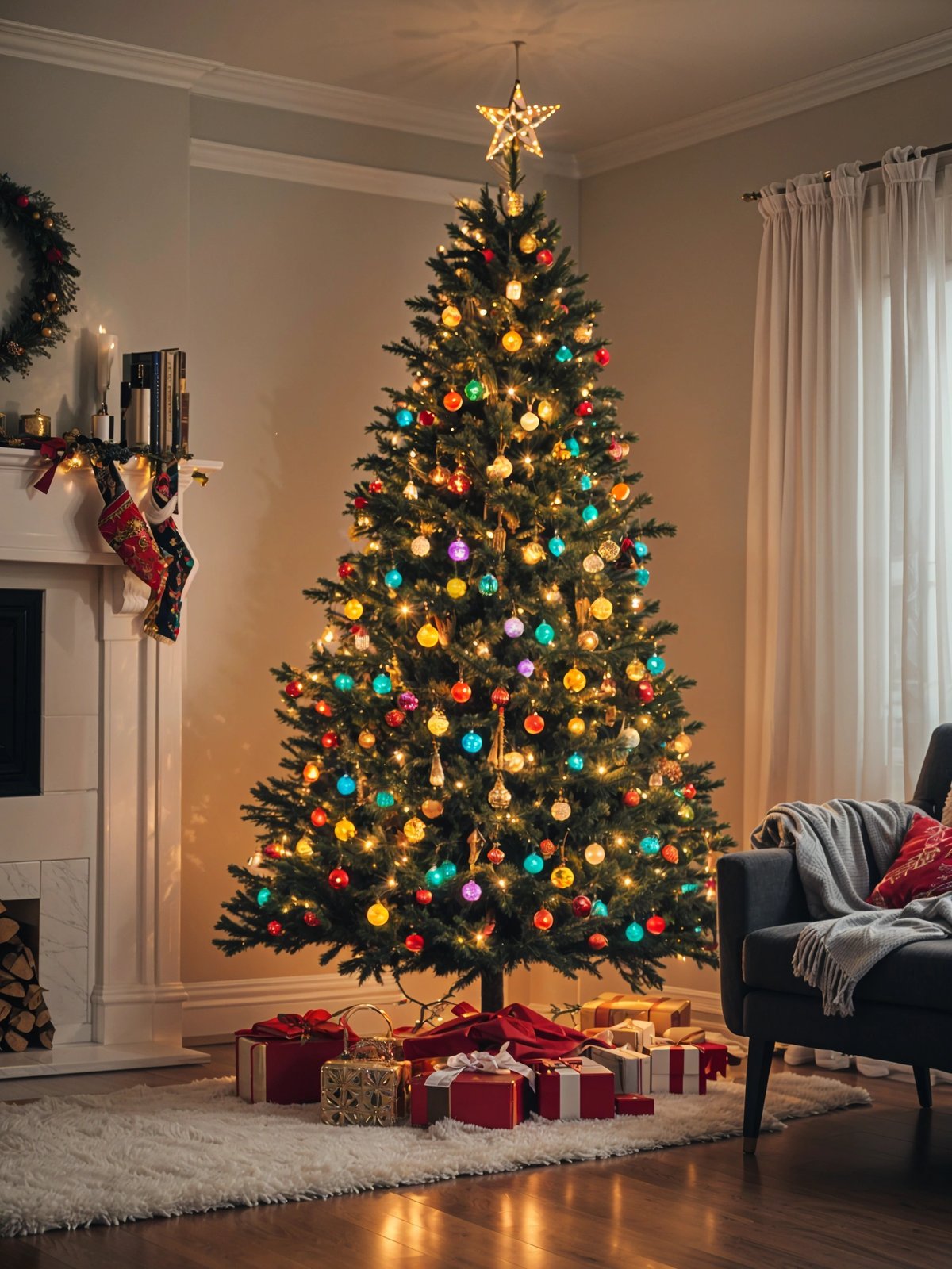 A Christmas tree with colorful lights and ornaments, in front of a fireplace.
