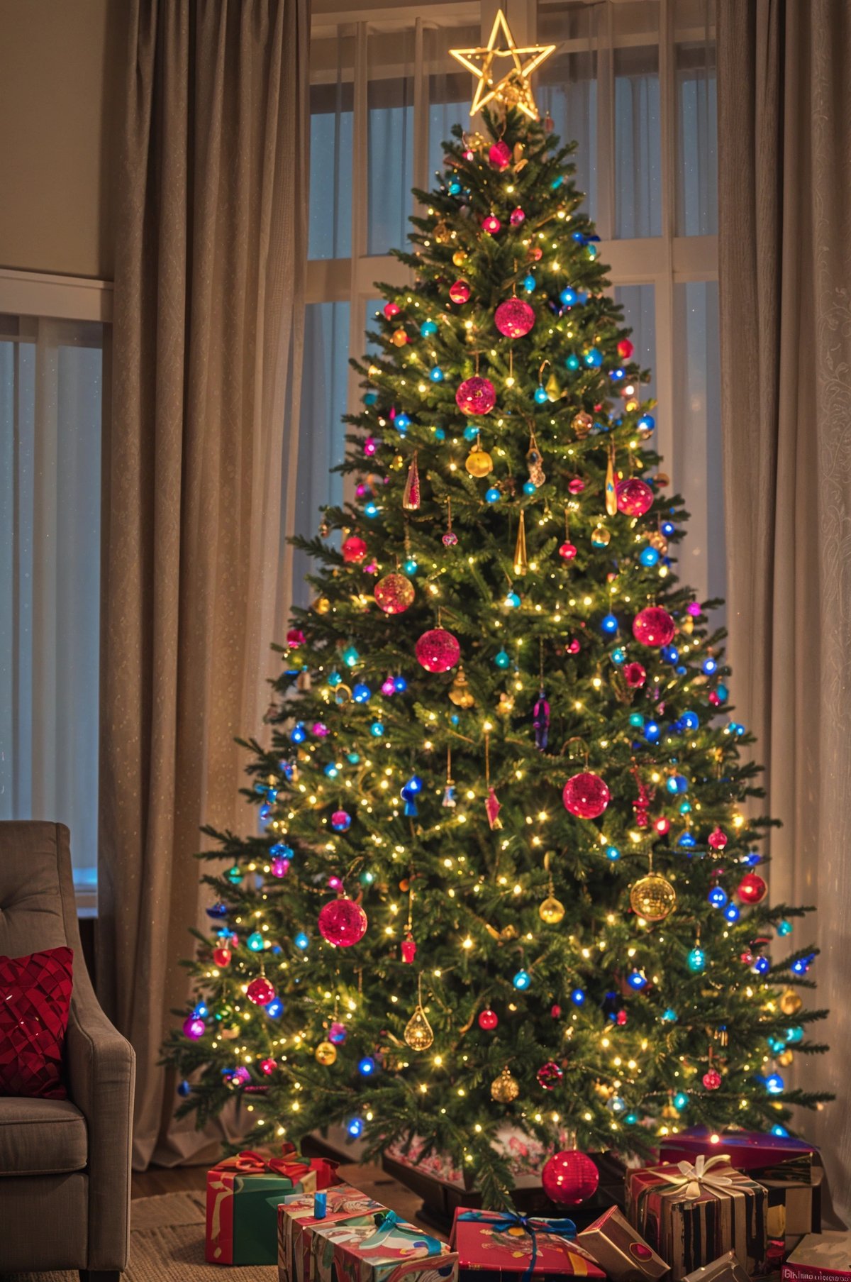 A Christmas tree with colorful lights and ornaments. The tree is adorned with blue, pink, red, and yellow lights, creating a festive atmosphere.