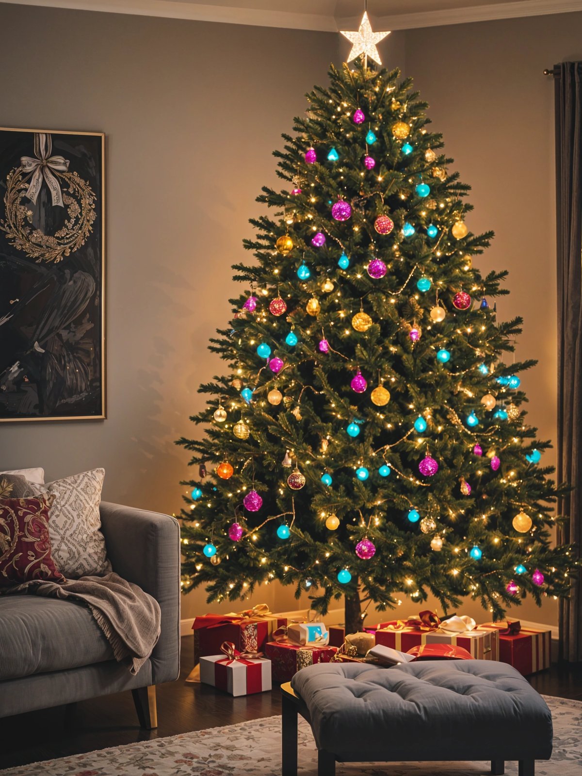 A Christmas tree with colorful ornaments and presents underneath it. The tree is lit up and has a beautiful glow. The presents are wrapped in colorful wrapping paper, adding to the festive atmosphere of the scene. The tree is placed in a living room, with a couch nearby.