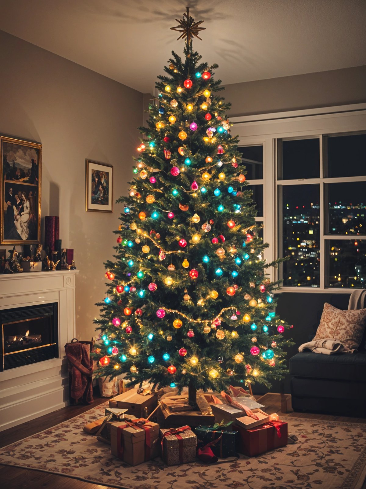A Christmas tree with colorful lights and ornaments in a living room.