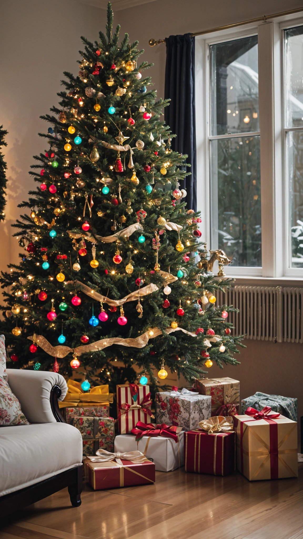 A Christmas tree with presents and ornaments underneath it, in front of a window.