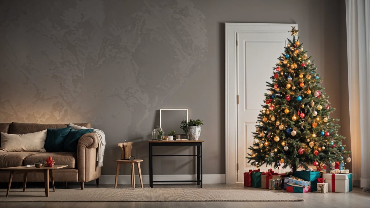 A Christmas tree in a living room with a table and a vase of flowers on it. The room is decorated in a modern style with a grey wall and a white door.