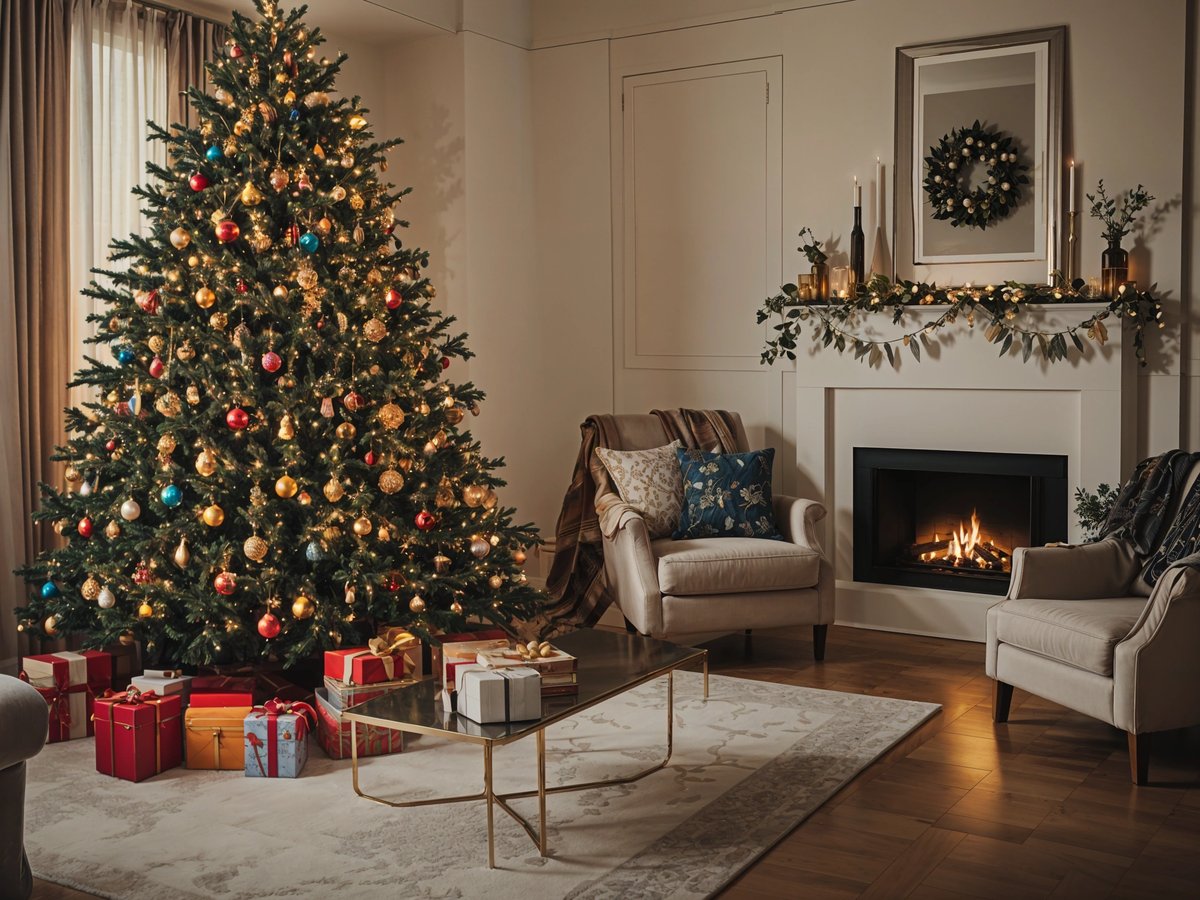 A Christmas tree in a living room with presents underneath it.