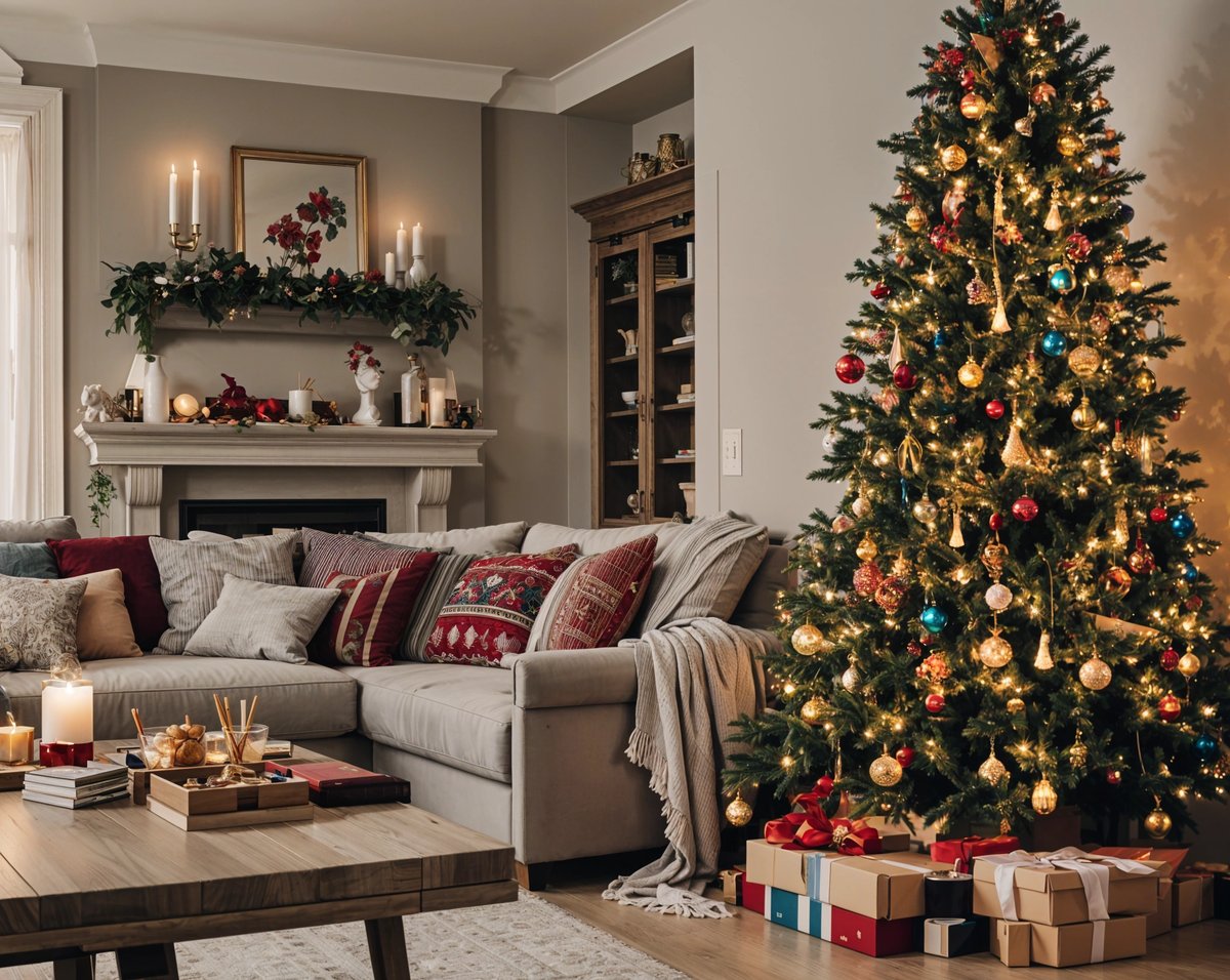 A living room with a Christmas tree and presents underneath. The room is decorated with a couch and a coffee table.
