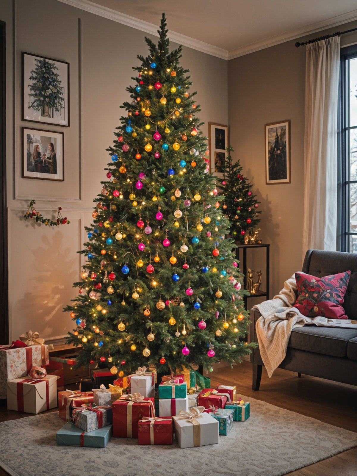 A Christmas tree with colorful lights and ornaments, surrounded by presents in a living room.