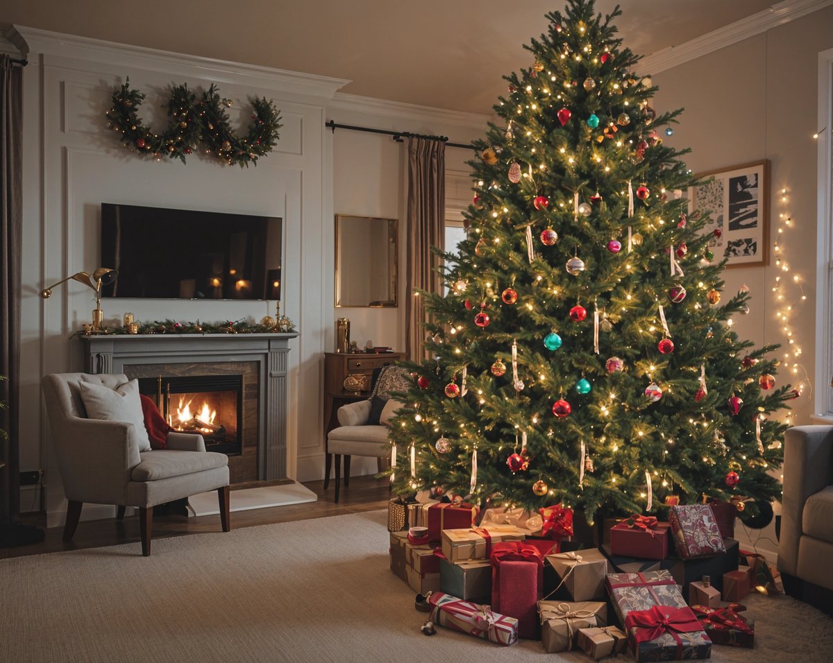 A Christmas tree with presents underneath in a living room. The tree is decorated with ornaments and lights, and there is a fireplace in the background.