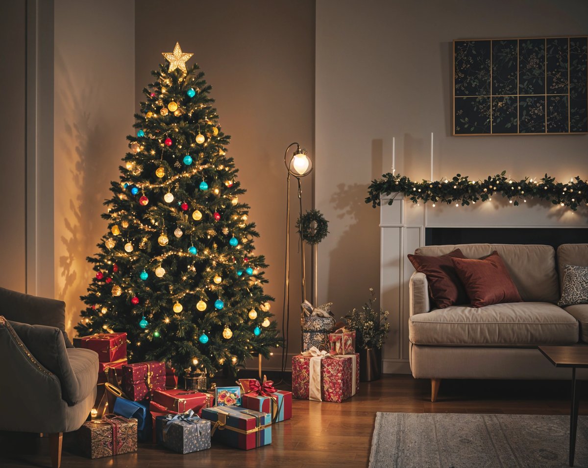 A christmas tree with presents underneath it. The tree is surrounded by a cozy living room with a couch and a chair. The room is decorated with a string of lights and a star garland on the mantle.
