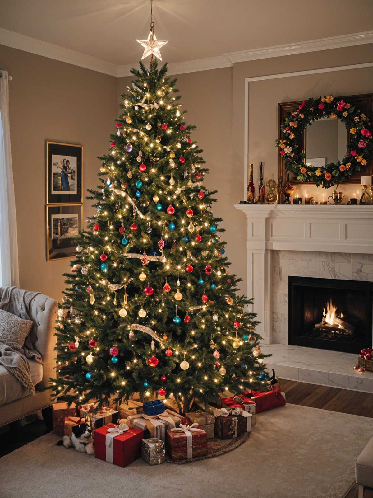A Christmas tree with blue and red ornaments, surrounded by presents and a fireplace. The tree is lit up, creating a warm and festive atmosphere in the living room.
