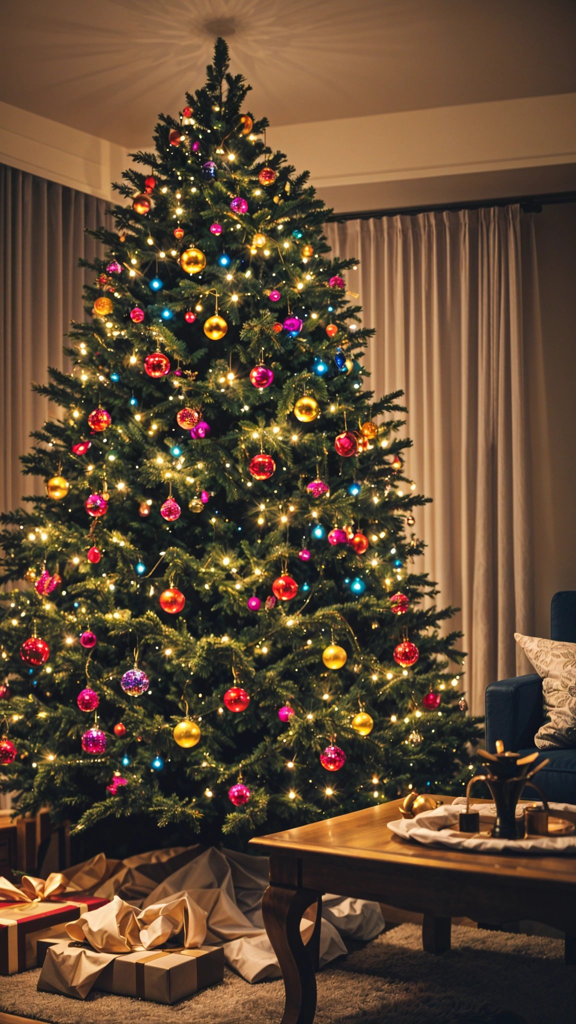 A Christmas tree with colorful ornaments and lights, creating a festive atmosphere.