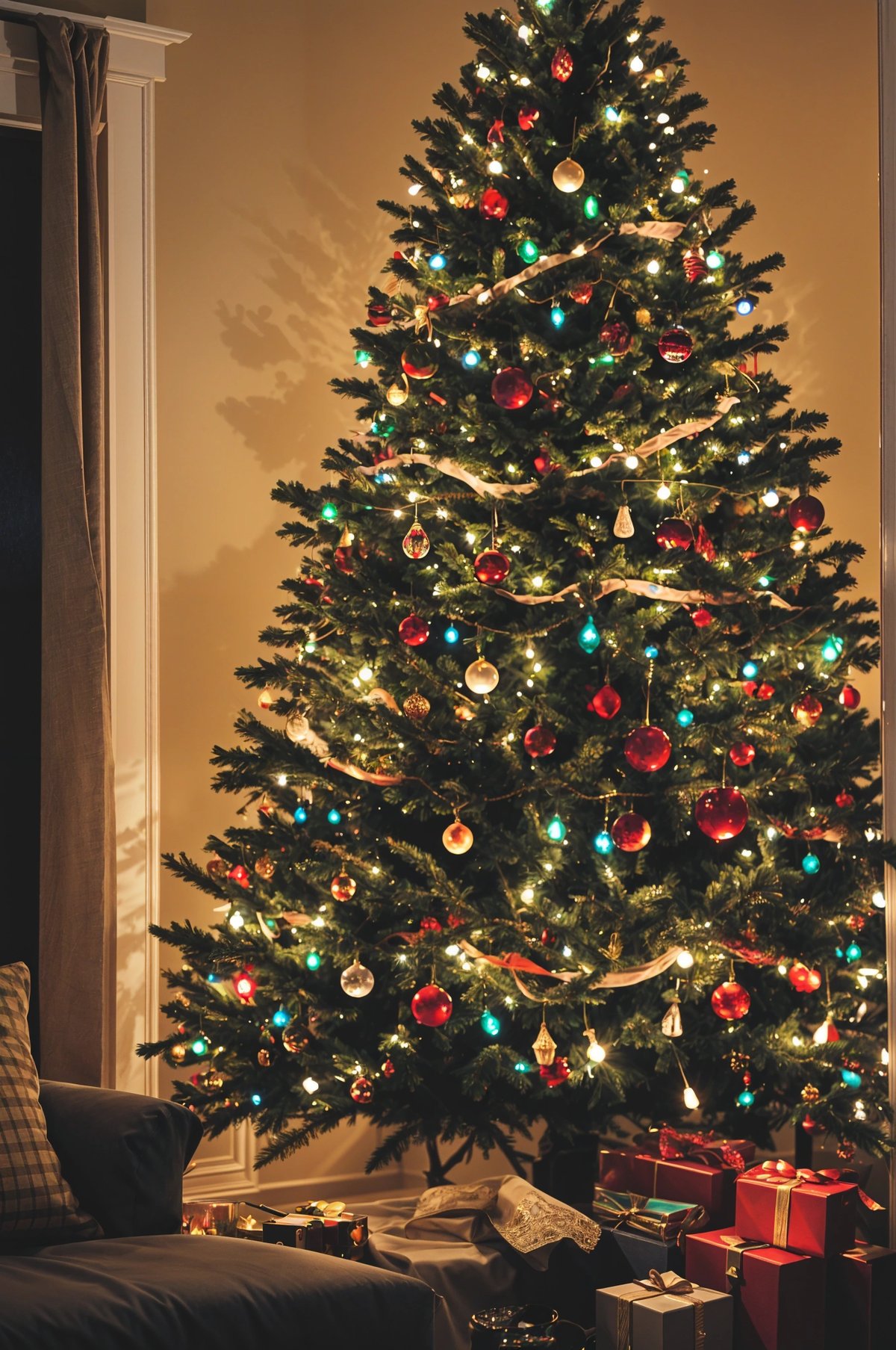 A Christmas tree with ornaments and lights. The tree is adorned with red, green, and blue lights, and the ornaments are a mix of colors.