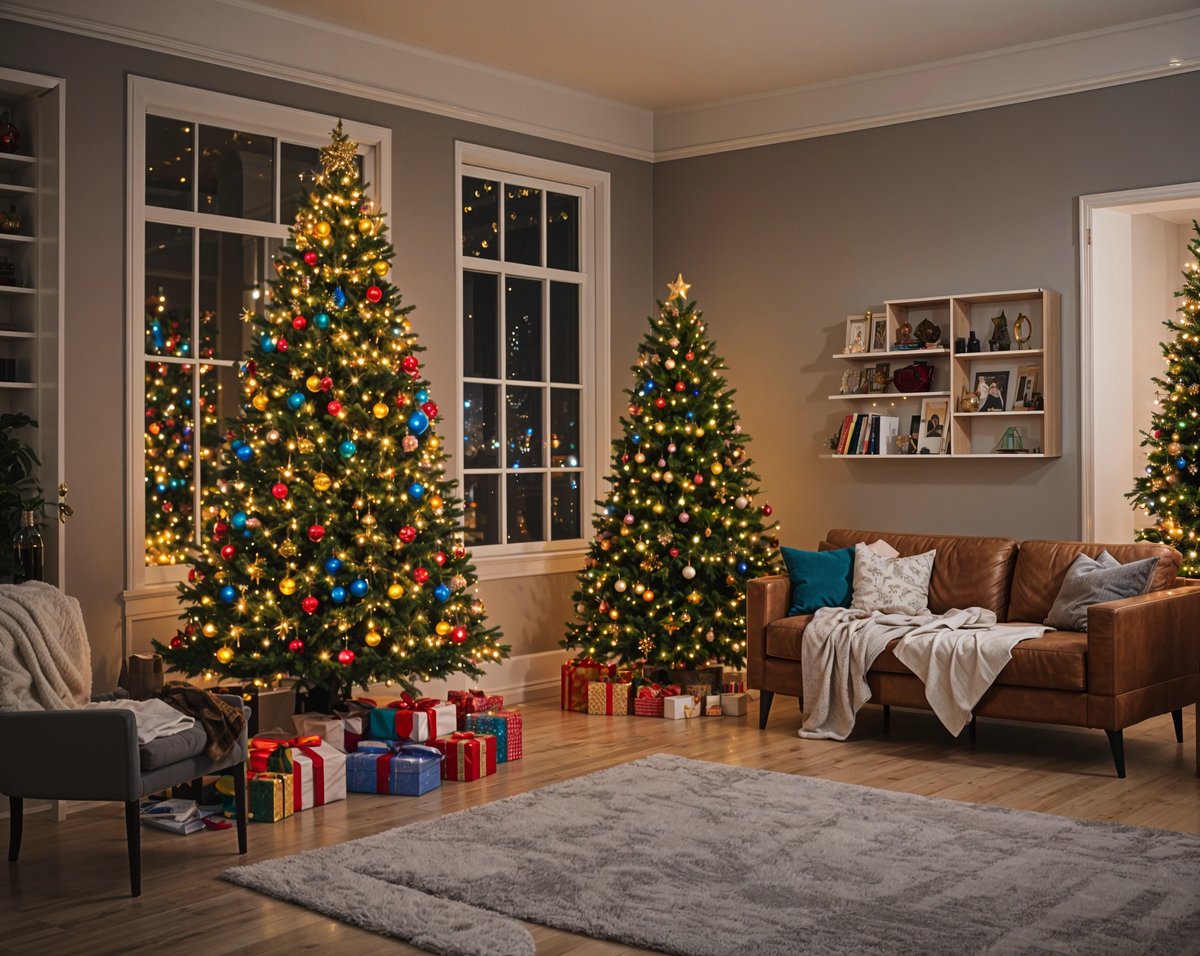 Living room with two Christmas trees and presents