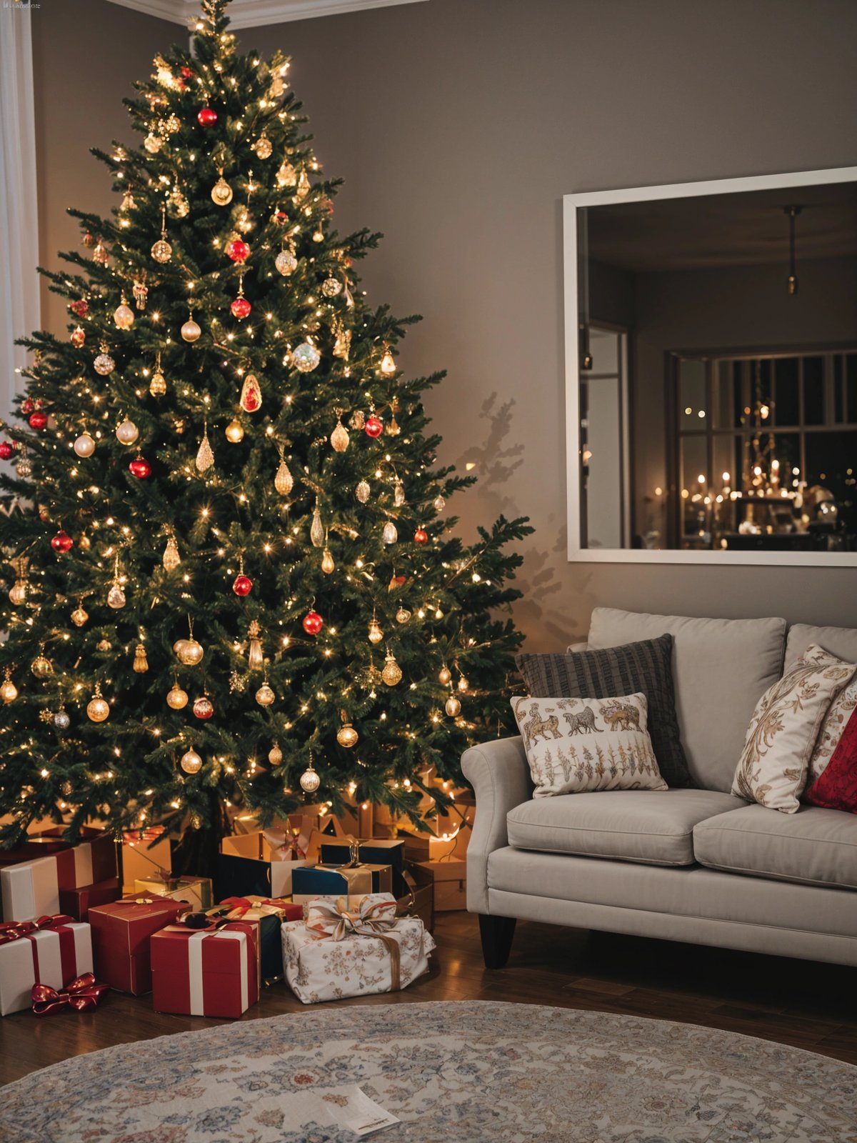 A Christmas tree with presents underneath it and a couch in the background. The tree is decorated with ornaments and lights, creating a festive atmosphere.