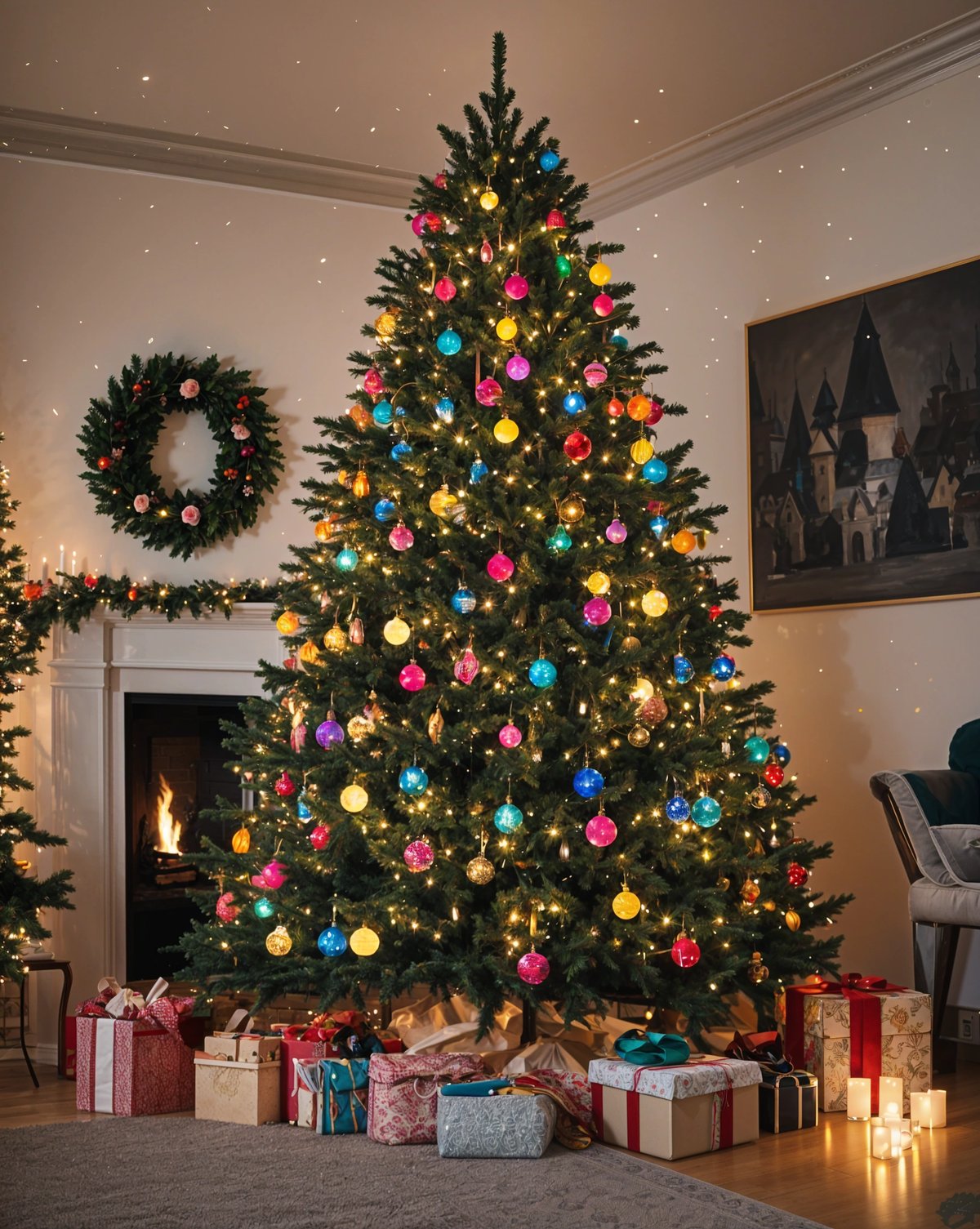 A Christmas tree with colorful ornaments and presents underneath it.