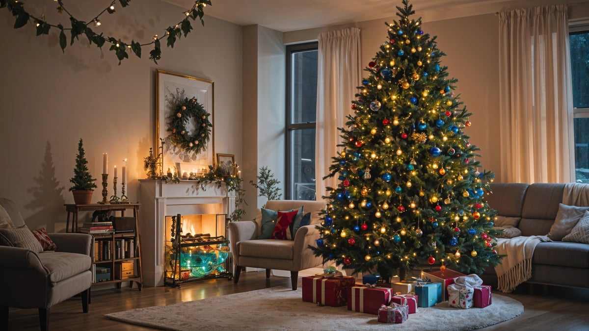 A living room with a Christmas tree and presents. The tree has blue and red ornaments, and the presents are wrapped underneath.