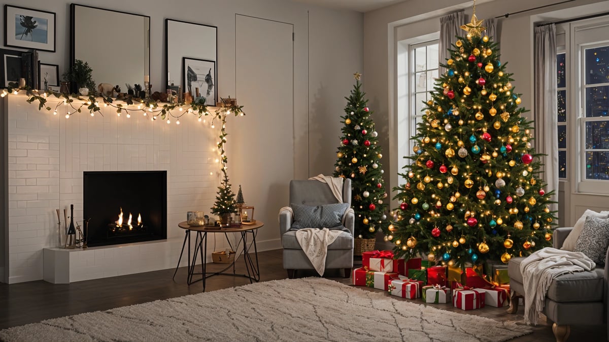 A Christmas tree in a living room with presents and a fireplace