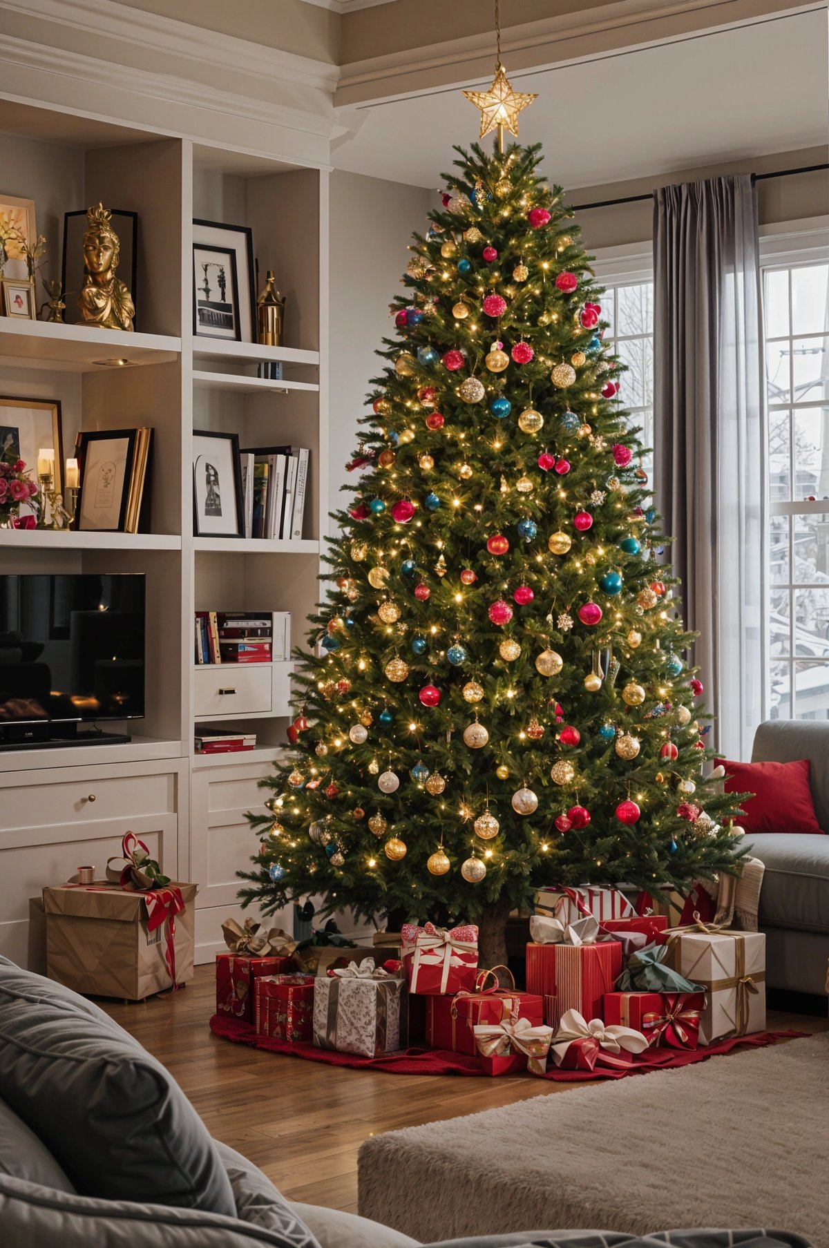 A Christmas tree in a living room with presents underneath it.