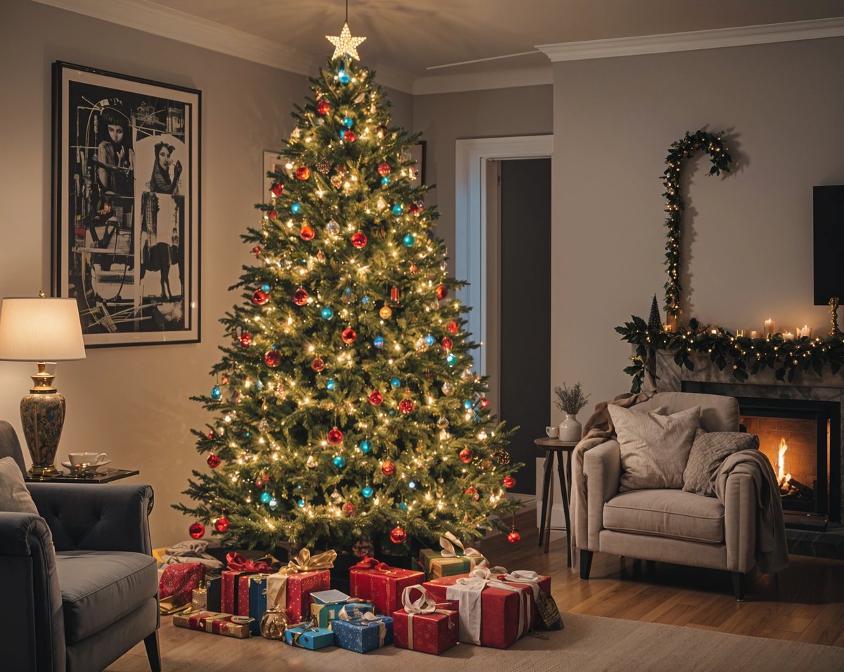 A Christmas tree with presents underneath it in a cozy living room