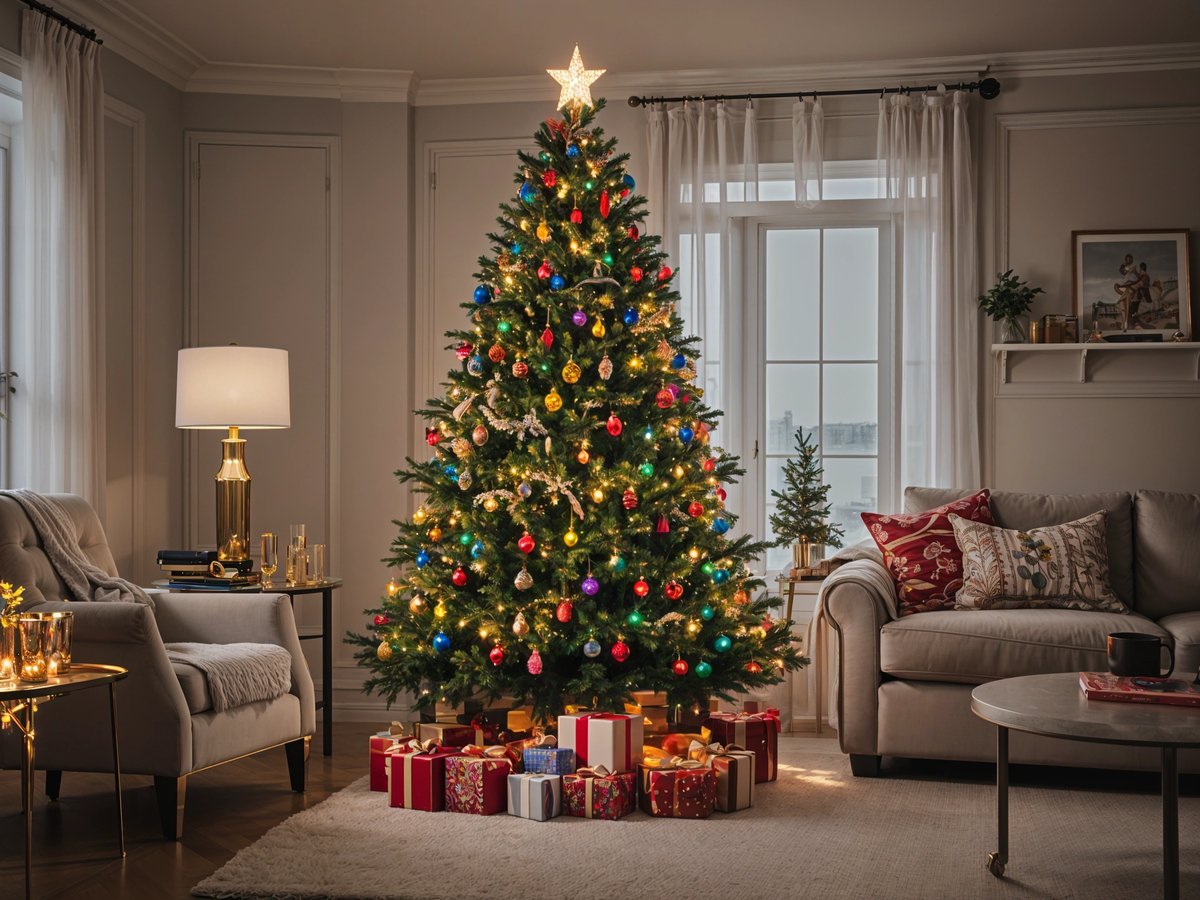 A Christmas tree with presents underneath it in a living room