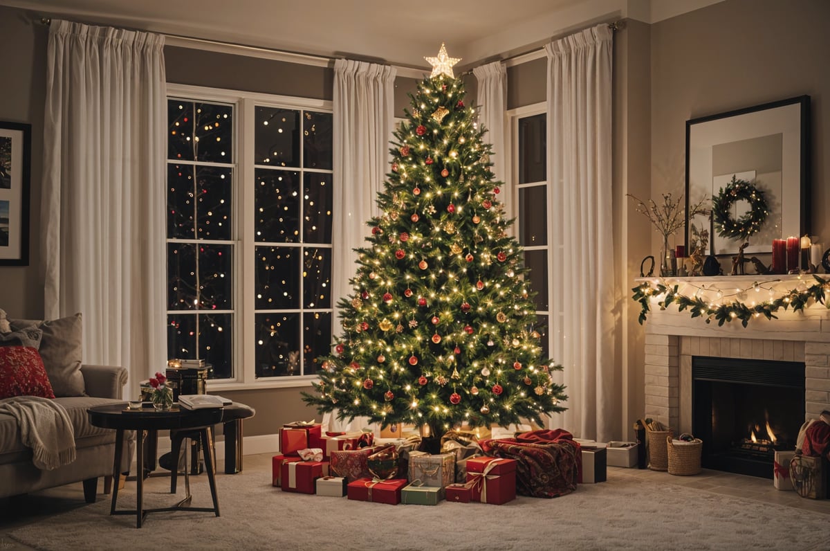 A Christmas tree in a living room with presents and lights. The room also has a window and a potted plant.