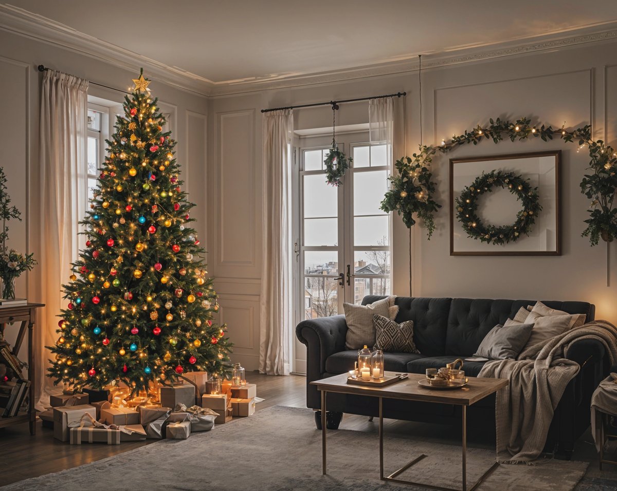 A Christmas tree in a living room with a black couch and a table with candles on it. The room is decorated with lights and a wreath. The tree is lit up with colorful lights and is placed in front of a window.