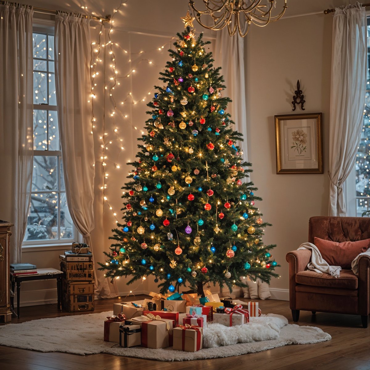 A Christmas tree with presents underneath it, in a living room setting. The tree is adorned with colorful lights and ornaments, creating a festive atmosphere.