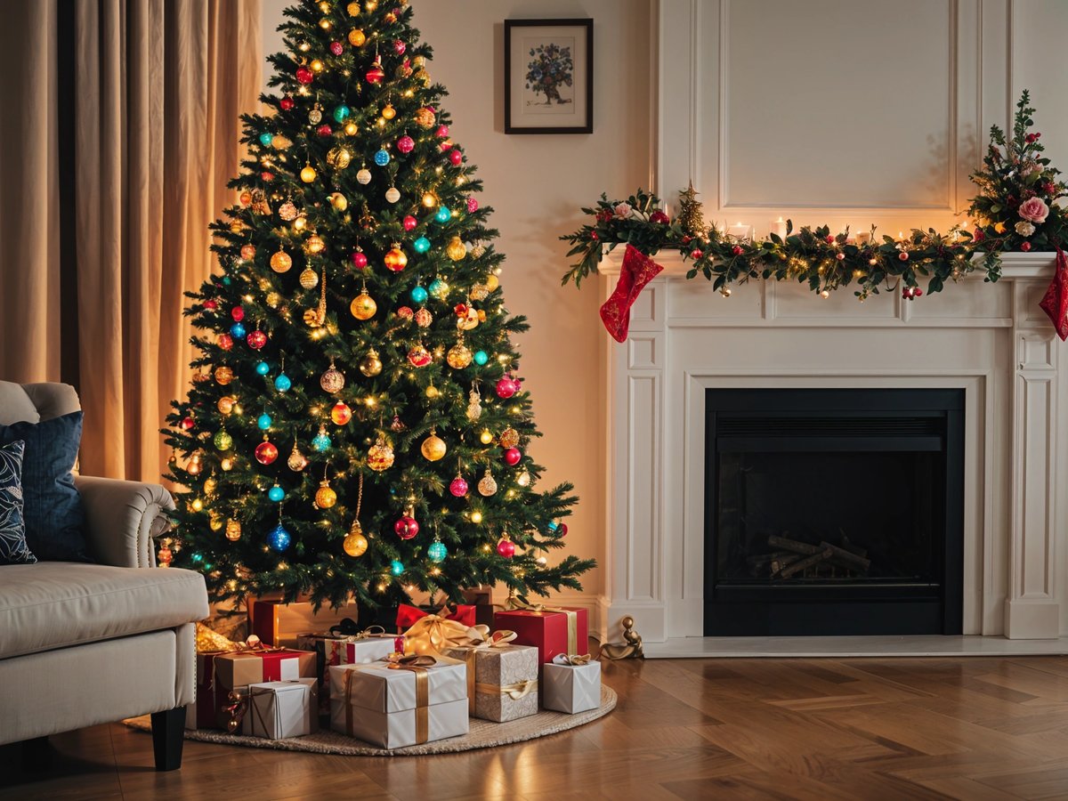 A Christmas tree with colorful ornaments and presents underneath it, in front of a fireplace.
