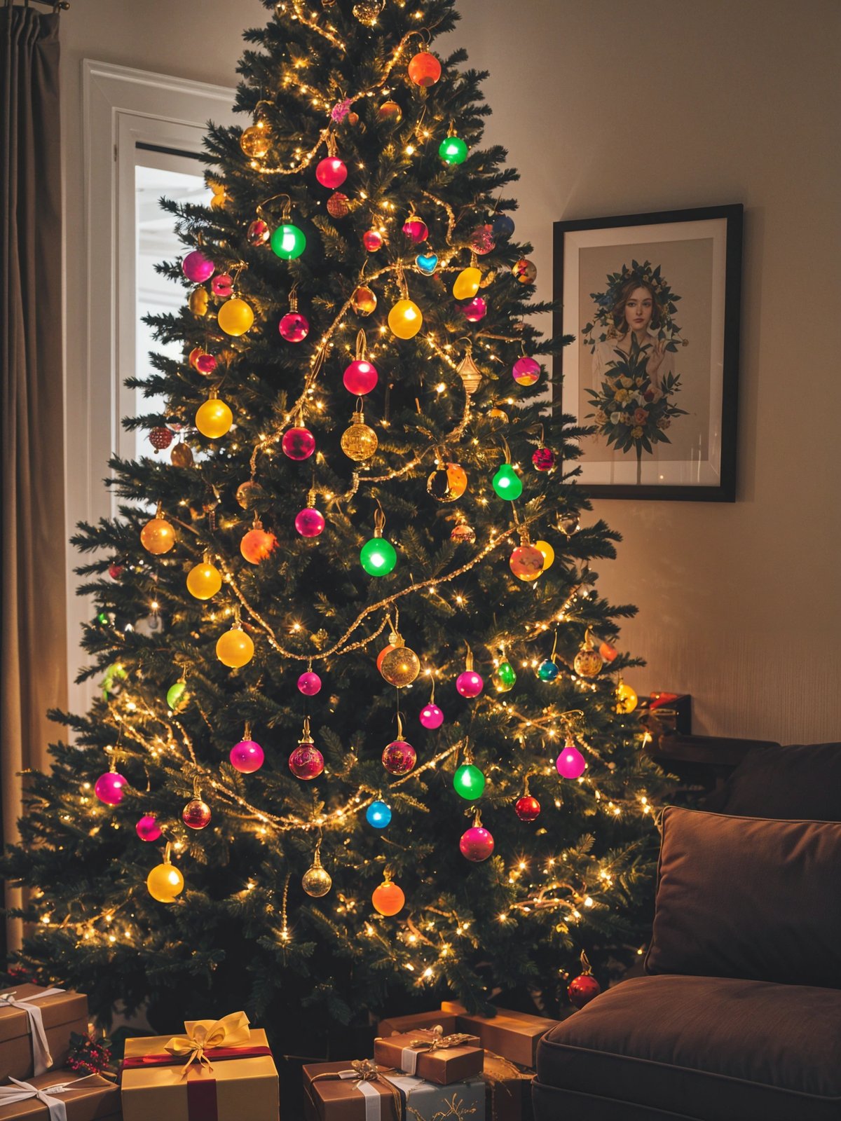 Colorful Christmas tree with lights and ornaments in a living room