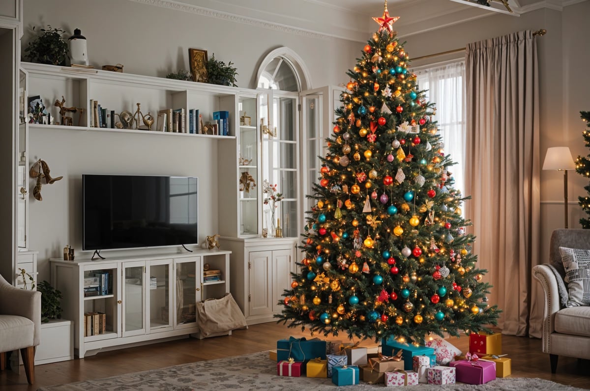 A Christmas tree with presents and ornaments in a living room.