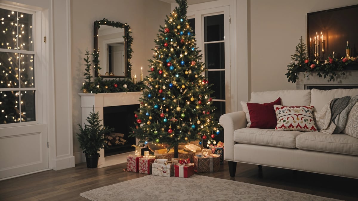 A Christmas tree with presents underneath it in a cozy living room.