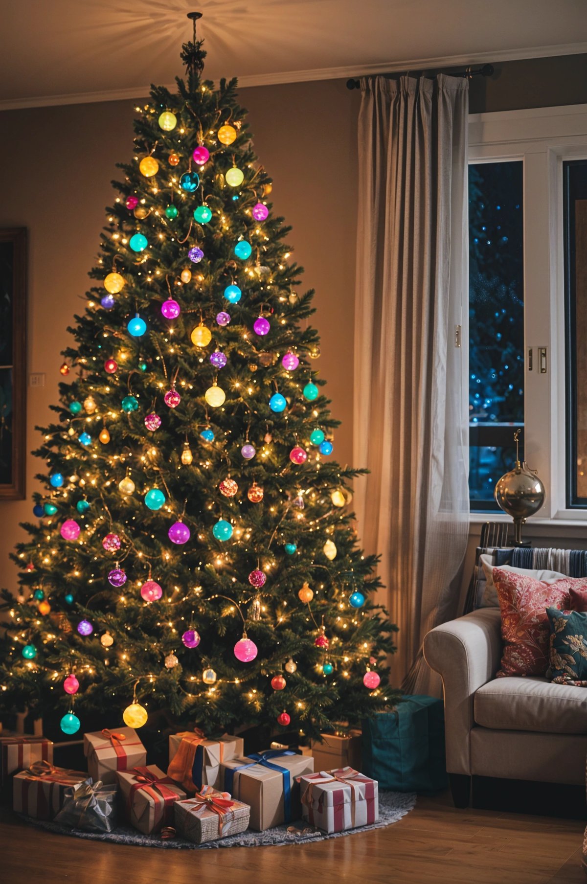 A Christmas tree with colorful lights and ornaments in a living room.