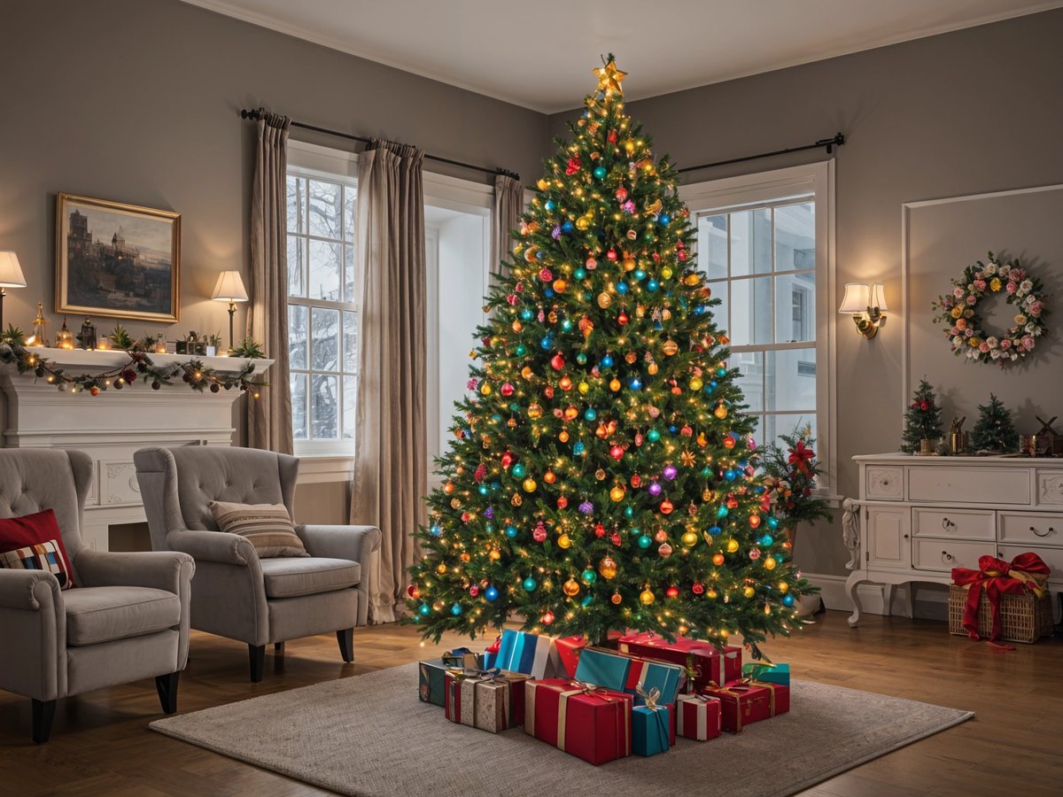 A Christmas tree with presents underneath it in a living room.