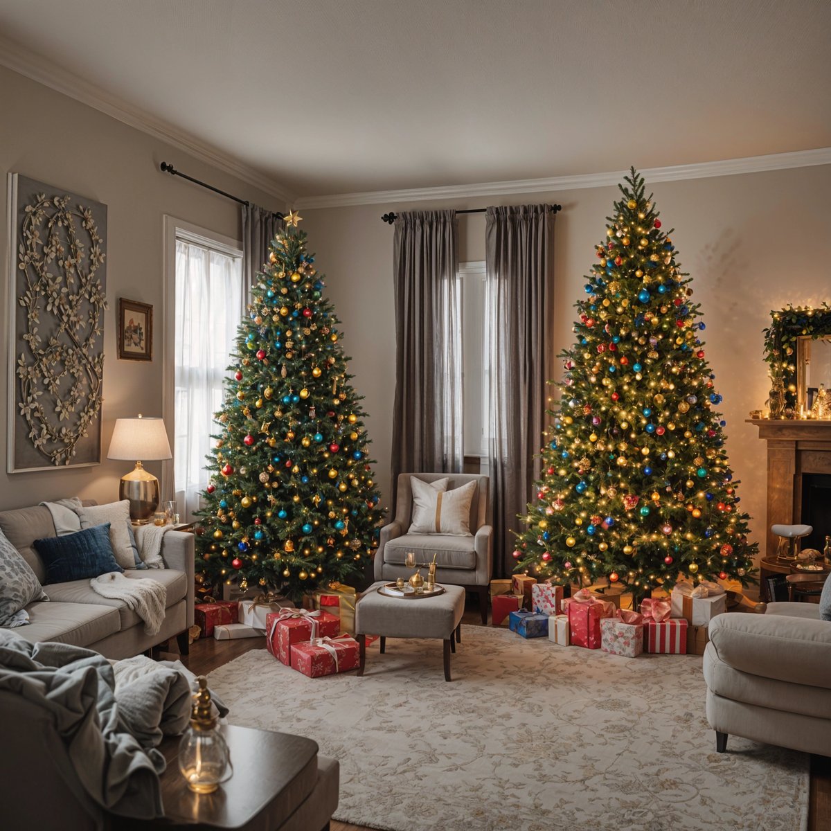 A living room with two Christmas trees and a fireplace. The room is decorated with ornaments and presents.