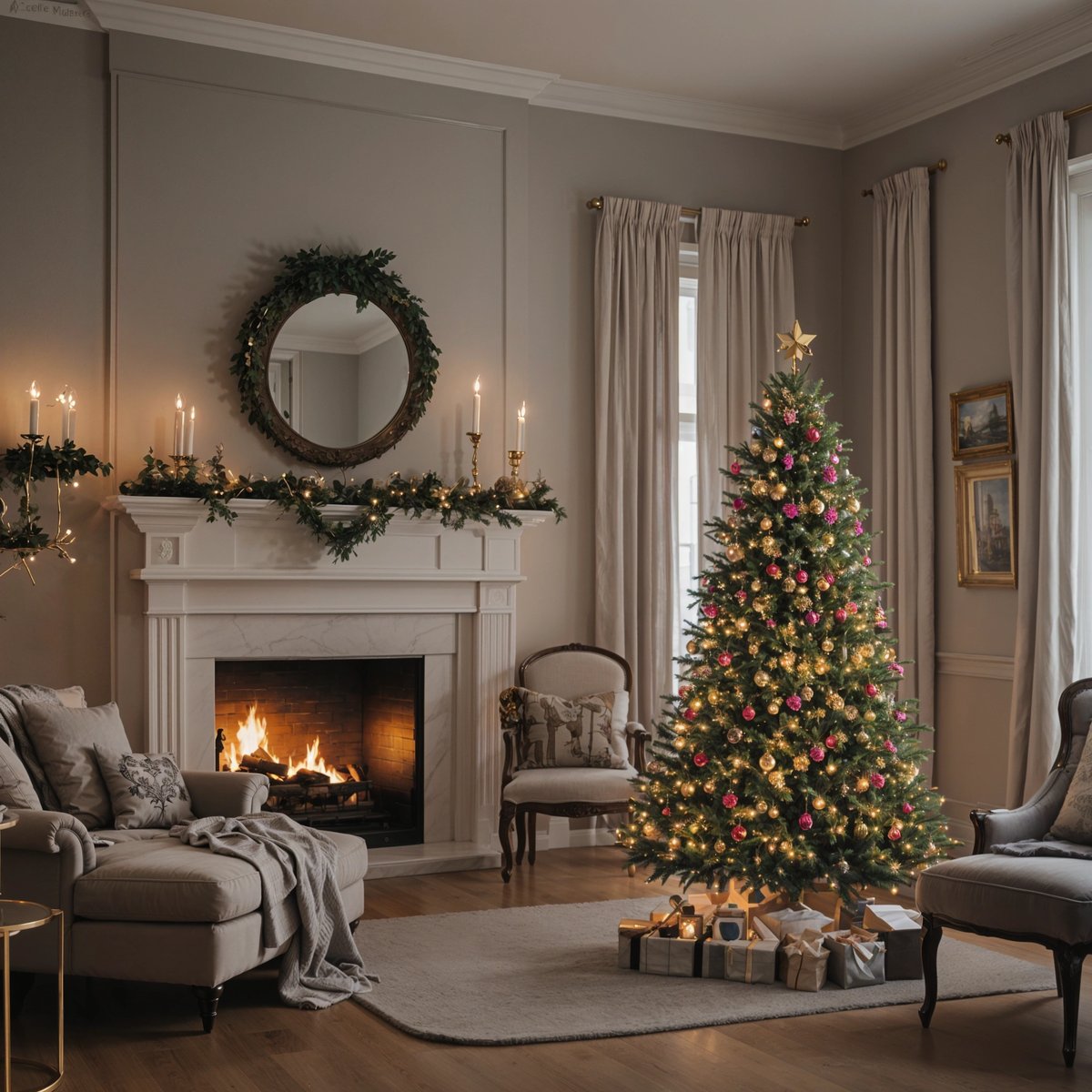 A Christmas tree in a living room with a fireplace and furniture.