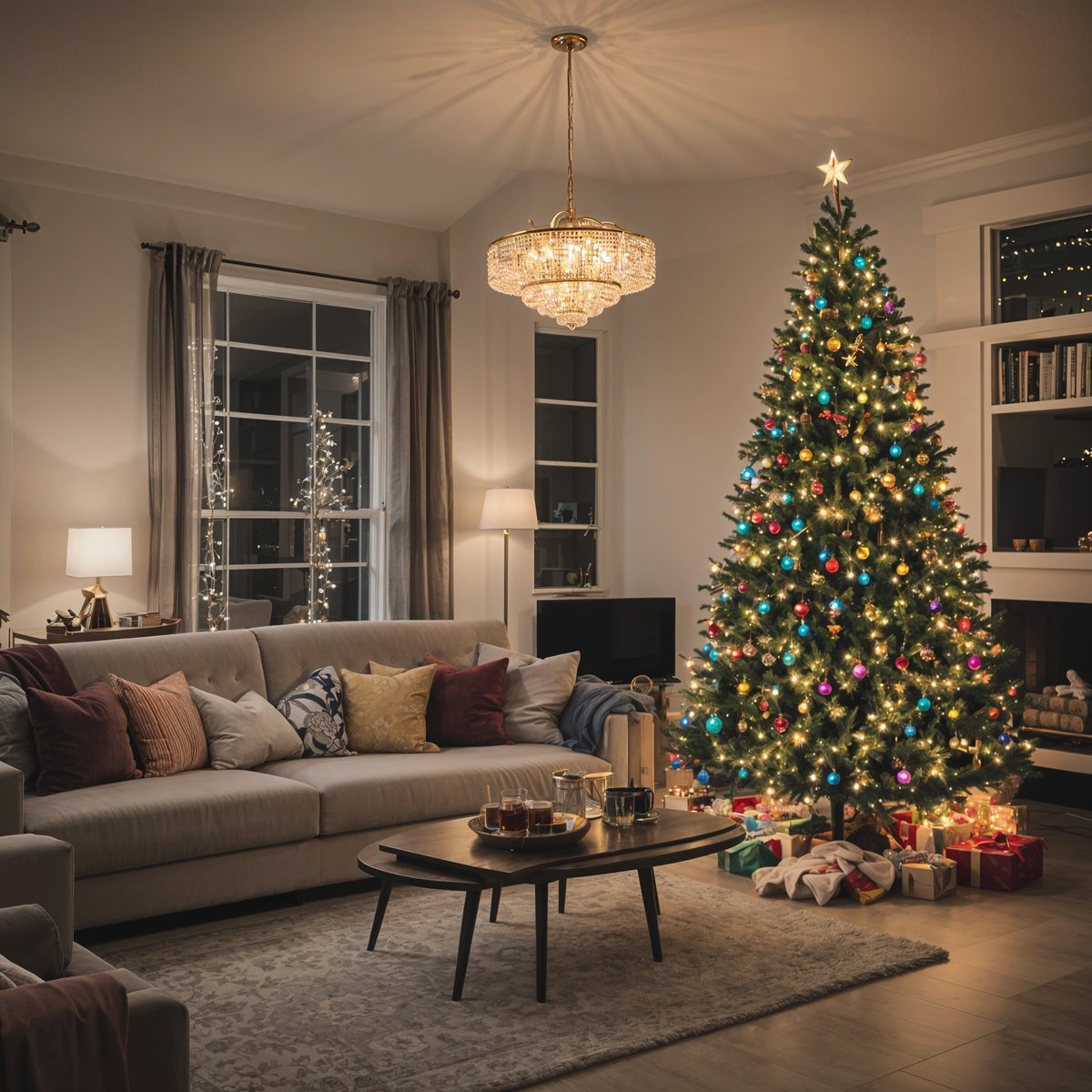 A living room with a Christmas tree, a couch, a coffee table, and a chandelier. The room is decorated for the holiday season with a beautifully lit Christmas tree in the corner.