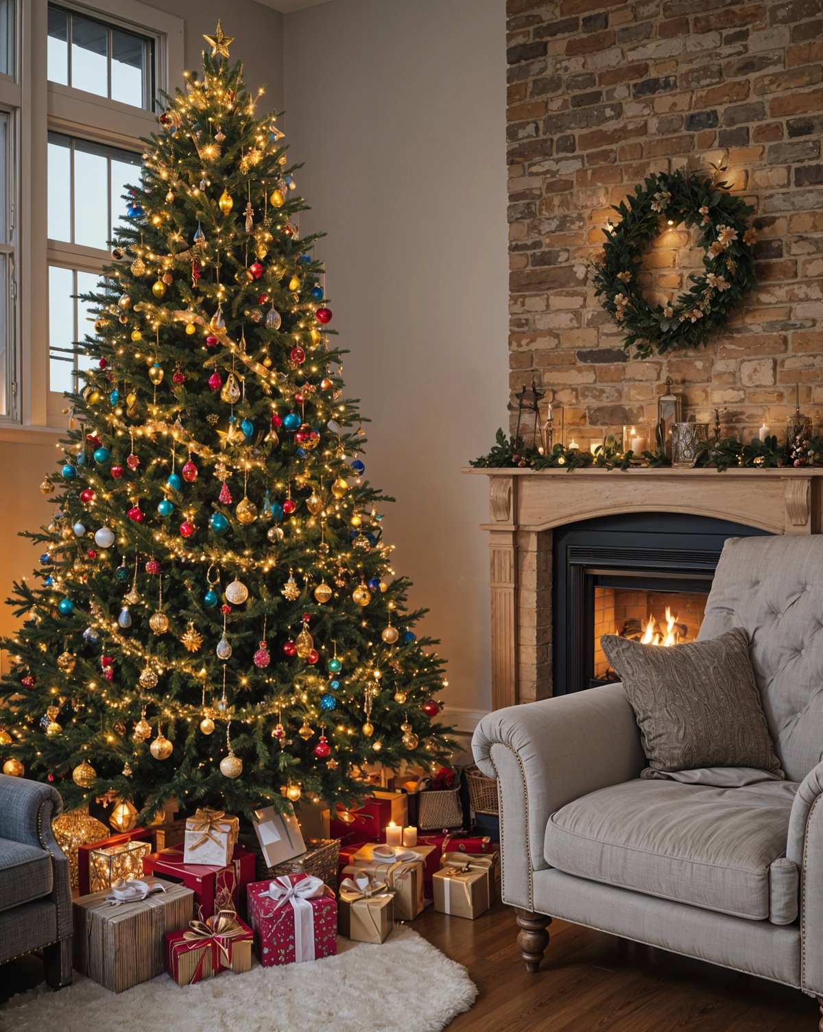 A Christmas tree with presents and ornaments underneath it, in front of a fireplace and a couch