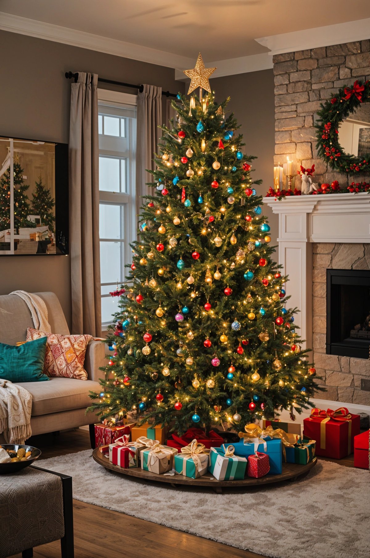 A Christmas tree in a living room with presents underneath it.